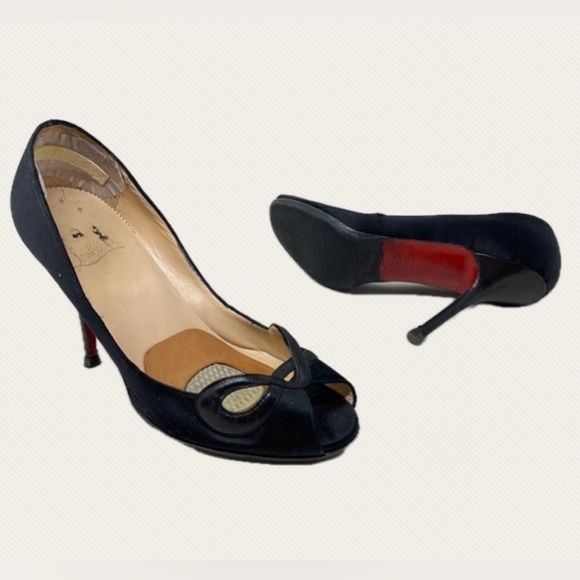 Christian Louboutin Black Satin RED BOTTOMS peep toe Stiletto
